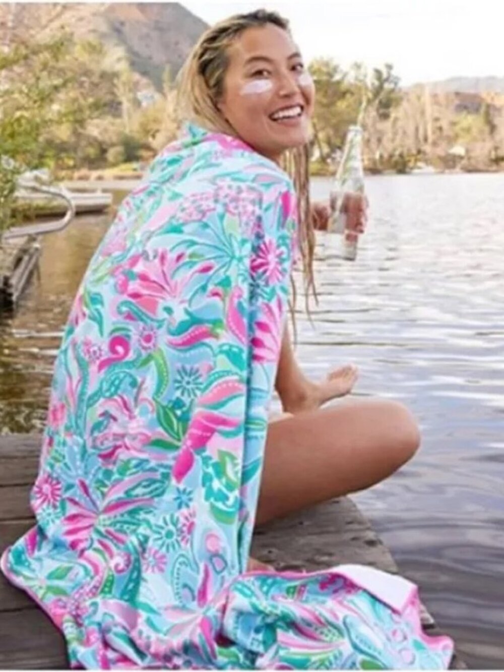 Lilly Pulitzer Lounge Towel Oversized Floral Pink Blue Beach Blanket Picnic